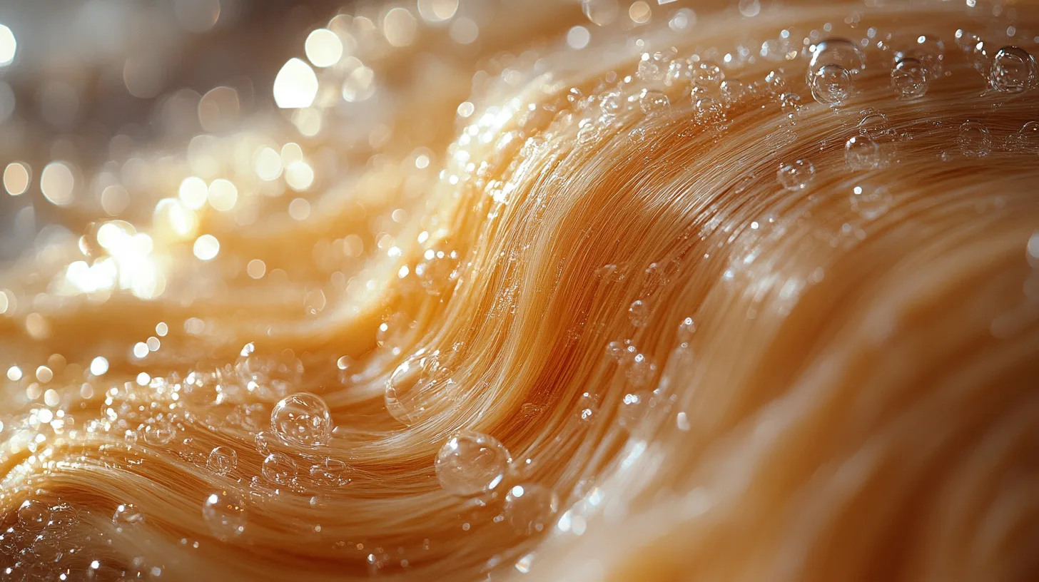 A high-resolution, macro close-up of blonde hair strands being deeply hydrated and nourished by a hair mask. Show smooth, shiny hair fibers with moisture droplets surrounding and penetrating each strand, representing intense hydration. The blonde hair should appear glossy, healthy, and free of frizz, with a subtle glowing effect on each strand.