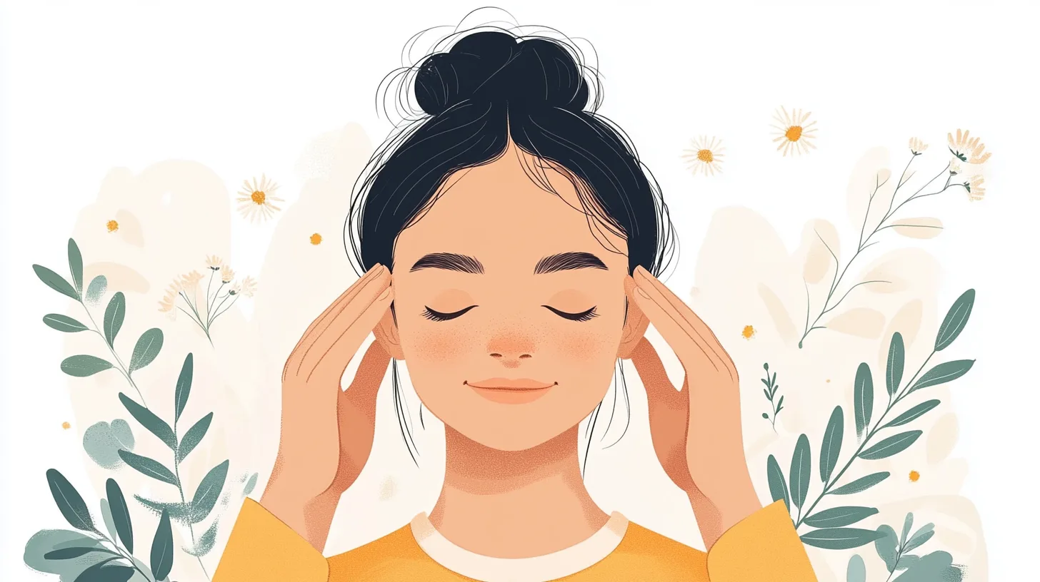 A simple cartoon depicting a person doing scalp massage, with a white background