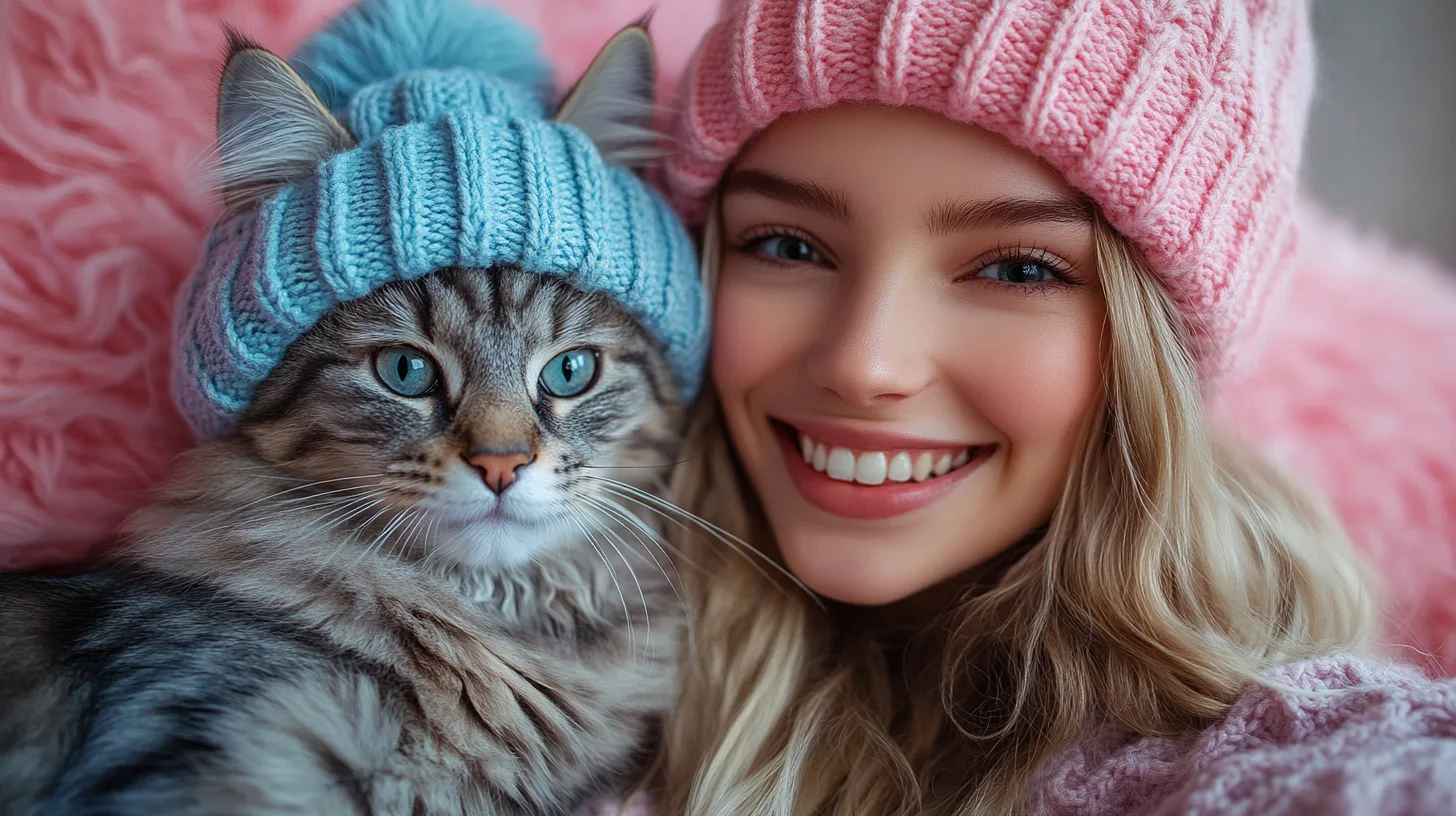 Create a photo of a girl smiling while taking a selfie with her cat, both wearing matching hats. The girl should not be looking at the camera. The color palette should feature pastel blue, violet, and pink. 
