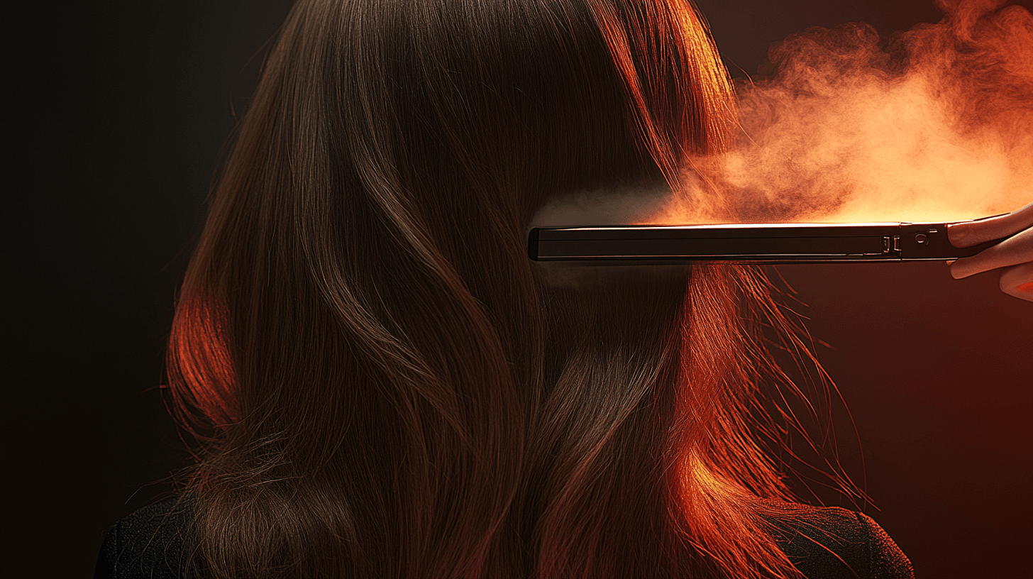 a hyper-realistic image of a woman straightening her hair with a flat iron. 