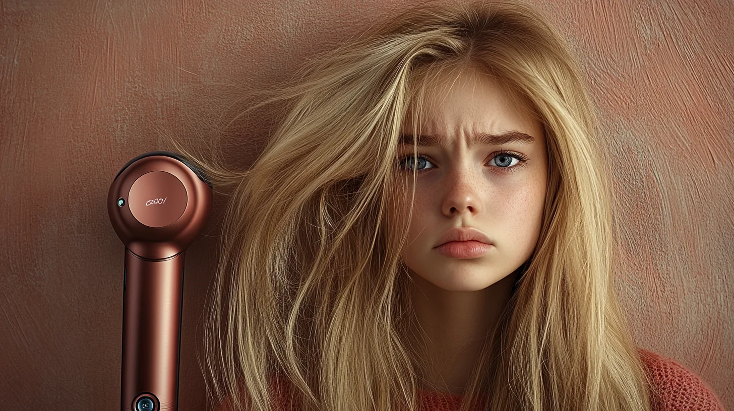 photo of a blonde girl with long hair is very sad and dreams of a Dyson hair dryer, she is really sad