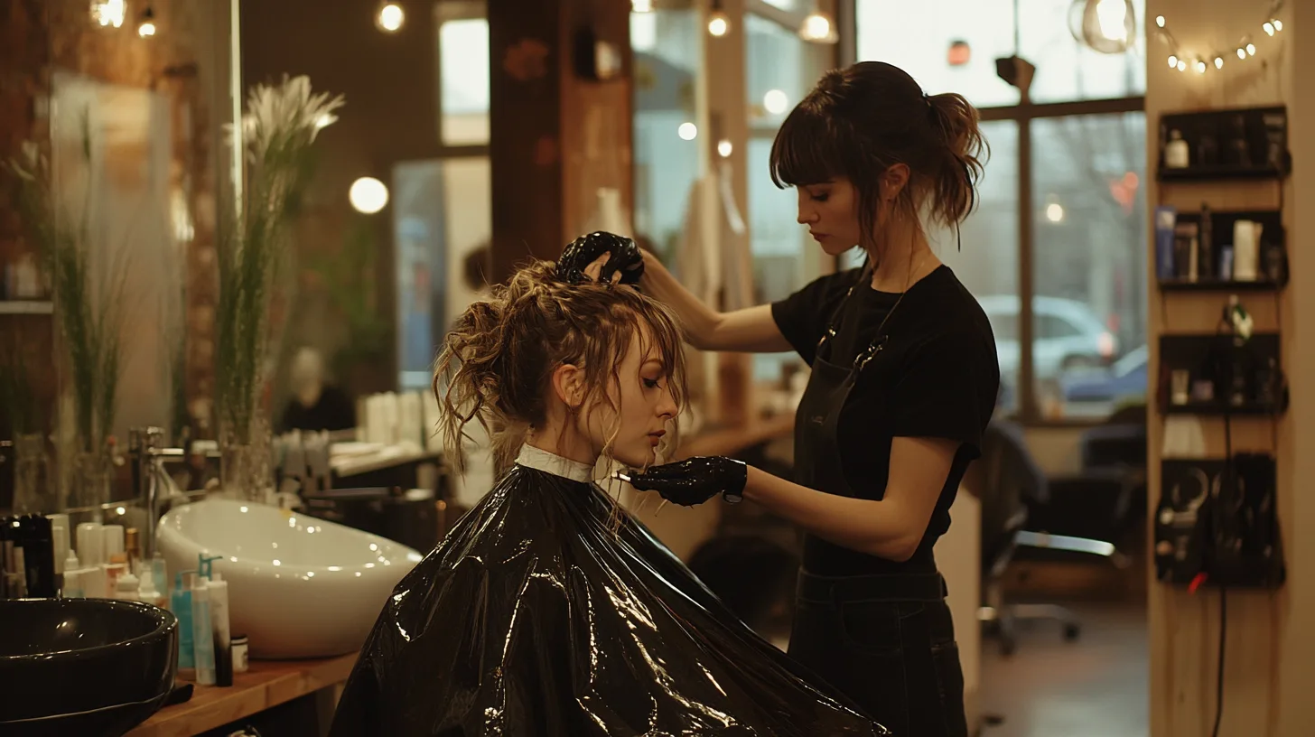 hair stylist applying highlights to customer's hair, salon environment, detailed hair coloring process, natural lighting