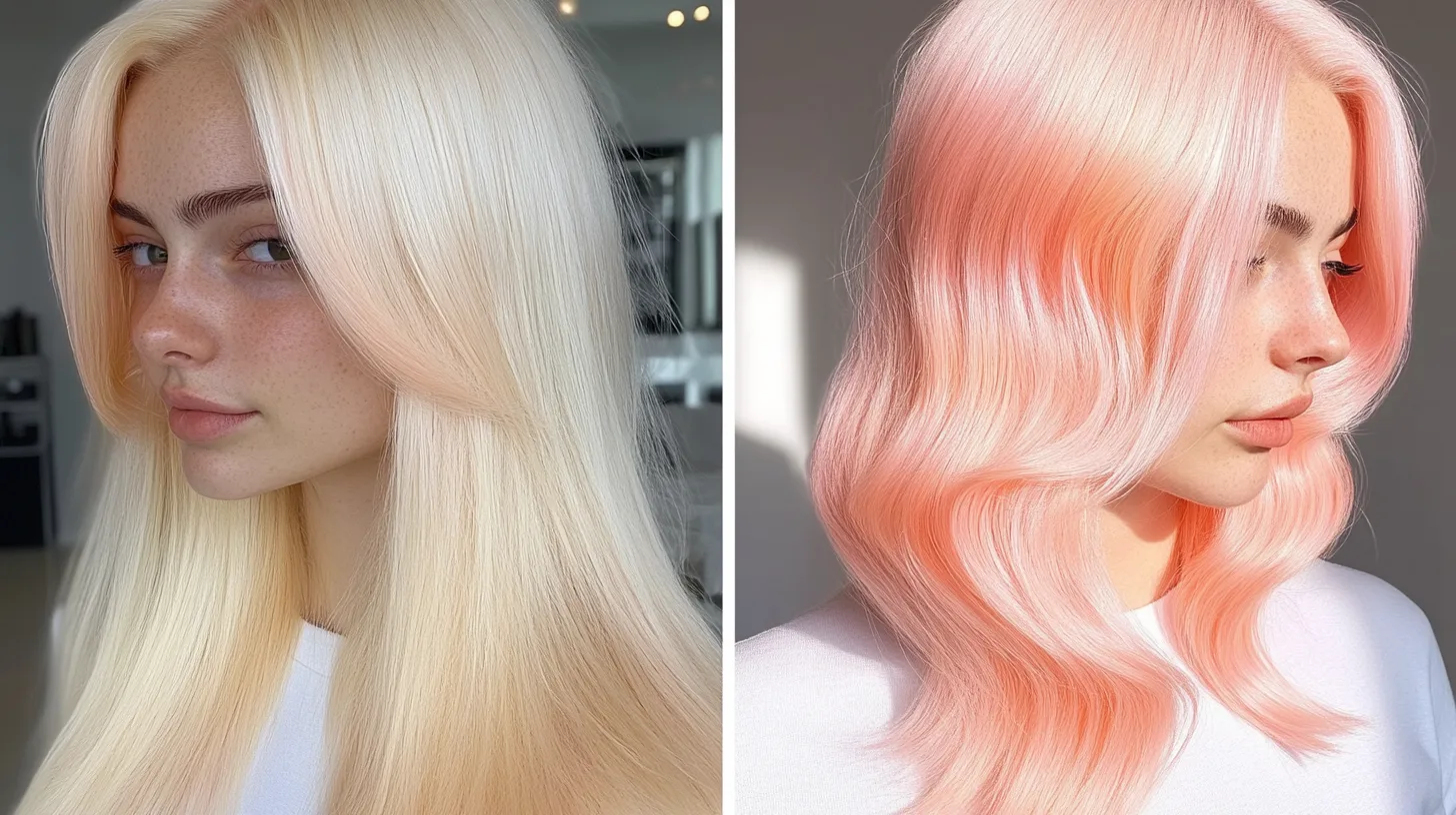 real before and after of a hair transformation. Photo is taken at the salon by the hairstylist. Photos are side by side of a girl with dry blonde hair that got transformed to beautiful hot pink and light pastel peach hair. Hair in the after photo was styled like a Vogue magazine editorial
