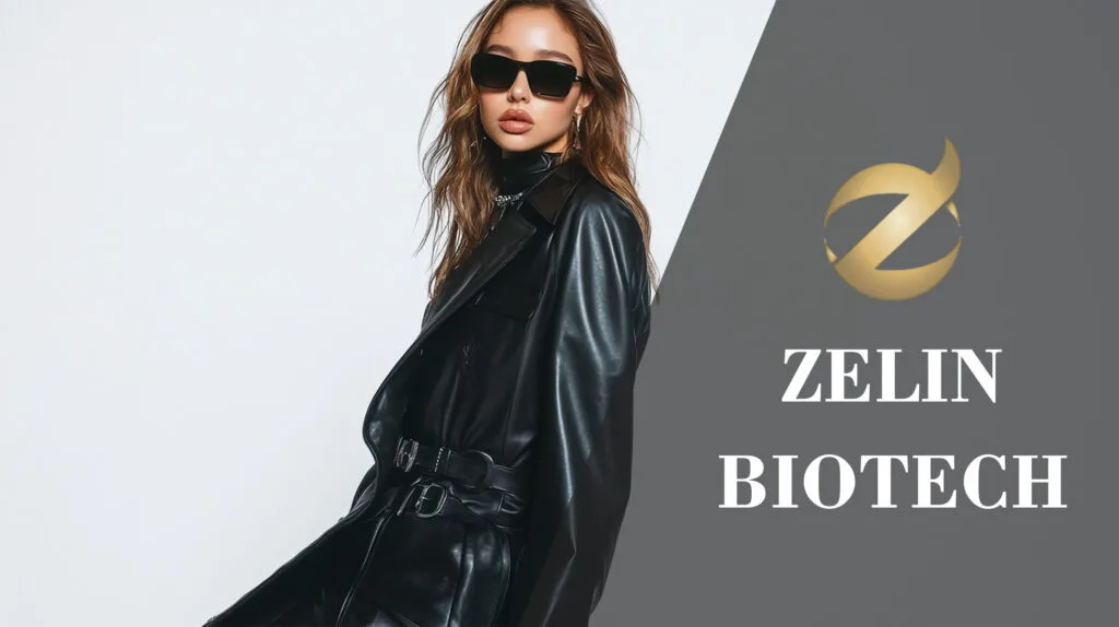 A full-body photo of Hailey Bieber as the Matrix character, wearing a black leather trench coat, sunglasses, and high heels, posing for the cover of "Vogue" magazine. She has long Brunette hair with highlights, a sleek look, and is set against a white background.