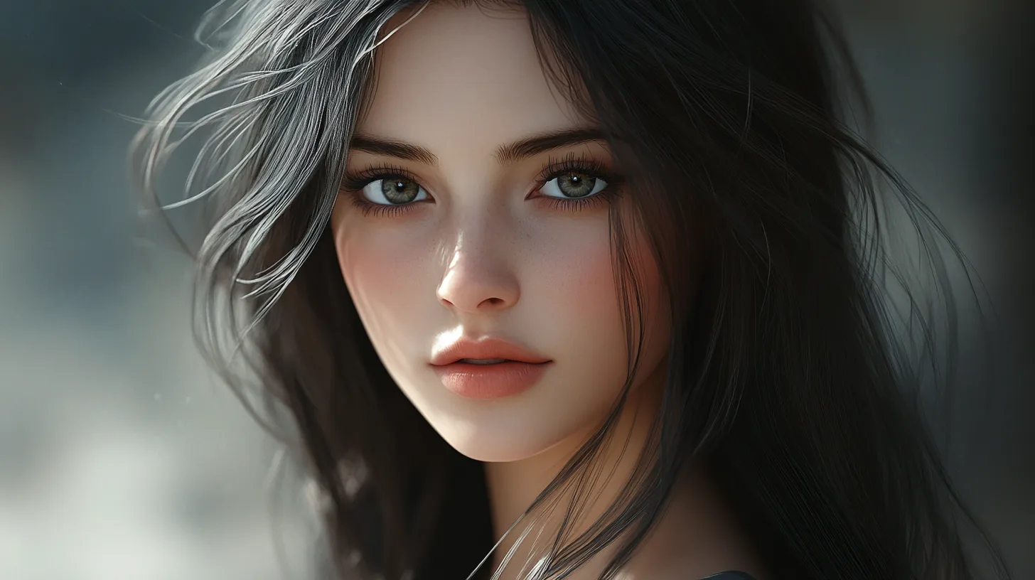 A realistic portrait of a beautiful young woman with long, flowing Brunette hair, and bright, expressive eyes. She is facing the camera with a soft, natural expression, wearing a simple, casual outfit. The lighting is soft and natural, highlighting her features in a realistic way. The background is blurred and minimal, creating a focus on her face. The image should resemble a real photograph, with lifelike skin tones and details