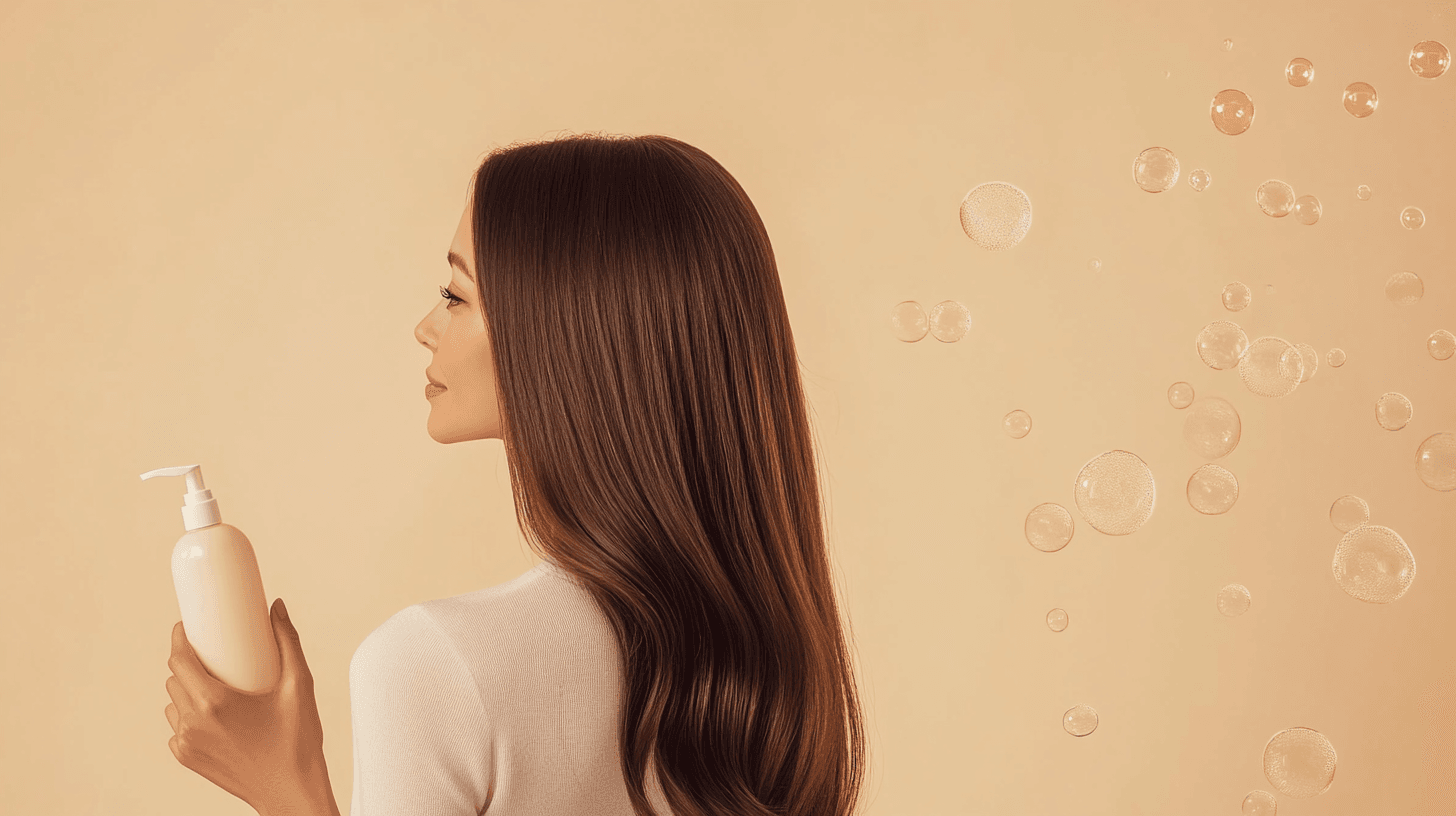A young woman with long smooth brunette hair, holding a bottle of shampoo , standing with one's back turned against a beige background with shampoo bubbles.