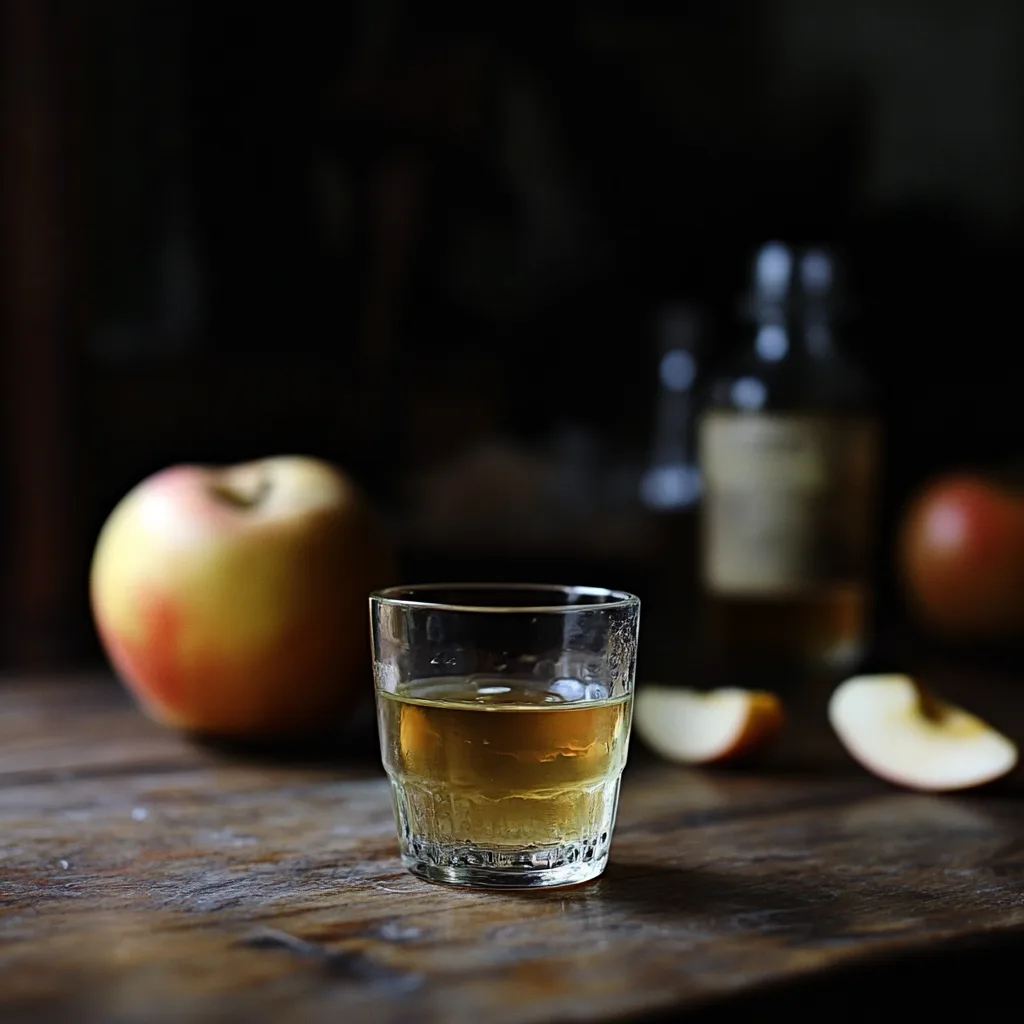 Glass of apple cider vinegar，apple in background