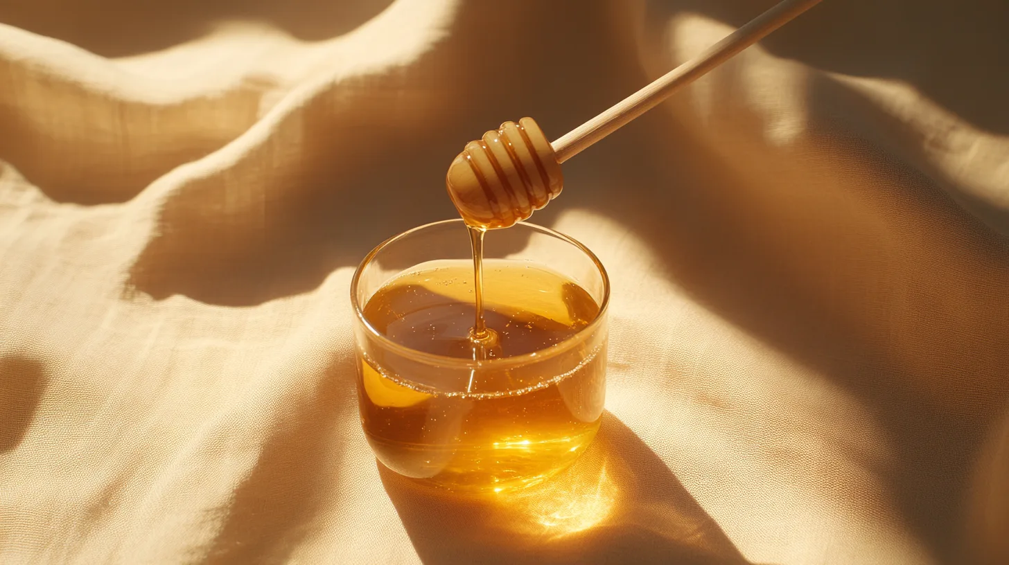 Honey dripping from the wooden honey stick into a glass jar, soft light and shadow on a beige cloth background, clean composition with high definition photography in the style of minimalist still life, product close-up using a macro lens to show rich details and the natural texture of liquid honey in a calm style.
