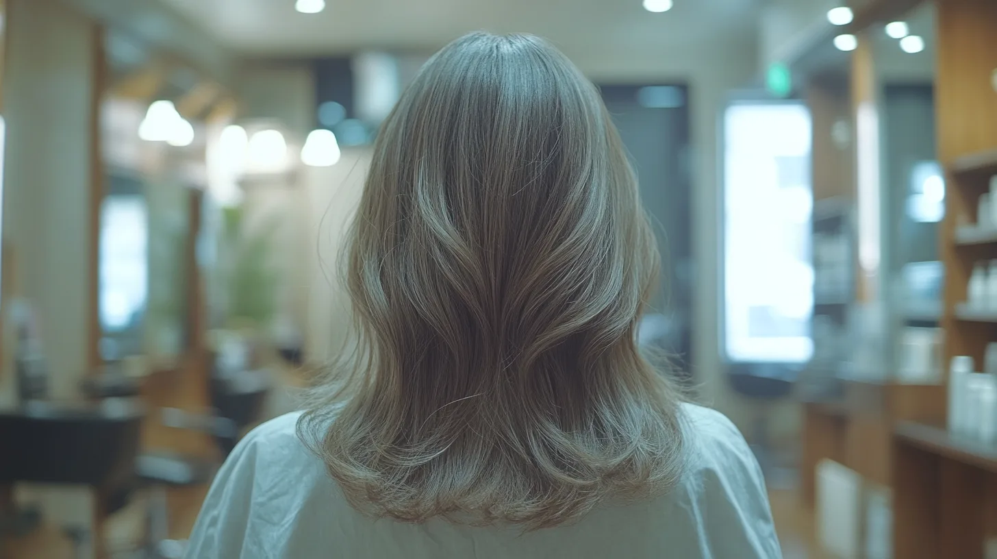 Photo of the back of a Japanese hair salon. The image shows a woman with a wavy hairstyle and long straight ash-beige hair. Lighting is natural.