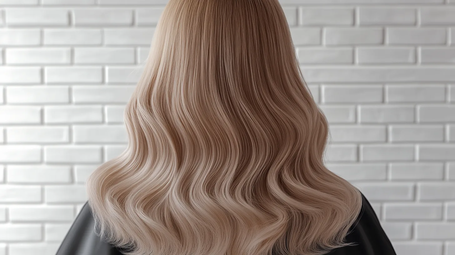 Create a highly realistic image featuring a woman viewed from behind, showcasing her wavy, hemp-colored (konfi) hair. The background should be a white brick wall, providing a neutral contrast to the hemp tone of her hair. Hair Shade: - The hair should have a warm, natural hemp color, which is a light, sandy blonde with a hint of beige. The tone should be soft and earthy, reflecting the subtle, muted shades of natural fibers. Hair Style: - The hair should be wavy, with natural-looking curls cascading down her back, highlighting the soft and natural qualities of the hemp color. Outfit: - The woman should be wearing a professional hairdressing cape in a neutral color like black or grey. Background: - The background should be a white brick wall, consistent with the salon's aesthetic, providing a clean and modern look. Setting: - The setting should be a stylish and modern salon with a white brick wall as the backdrop, creating a clean and neutral environment. Lighting: - The lighting should be bright and natural, ensuring the hemp hair tone and texture are clearly visible. This composition will create a striking and realistic image where the hemp-colored hair of the woman, with its soft, natural tones, is the focal point against the clean white brick wall.