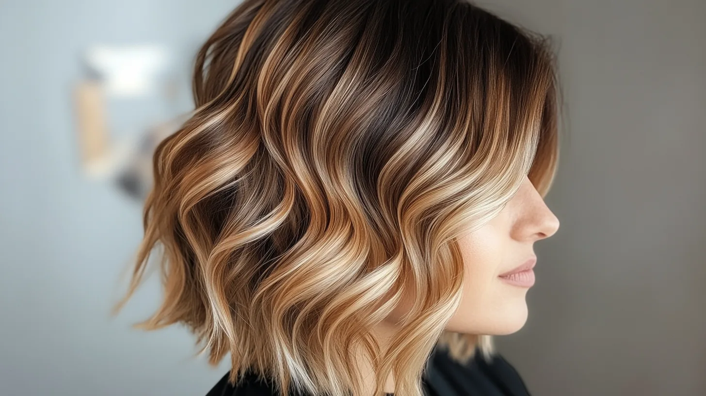 This is an updos hair salon photo of a woman with ombre brown and blonde bob with soft balayage highlights, with a soft wavy style.