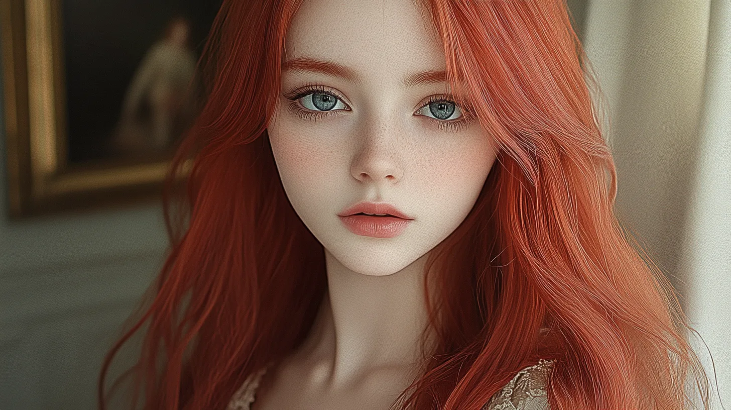 This is a picture of a beautiful young woman with long, red hair and soft hair . She wore an elegant dress. She has blue eyes. Dressed elegantly, soft shadows, clean and sharp focus, film textures and professional color grading. Hyperrealistic photography, close-ups,