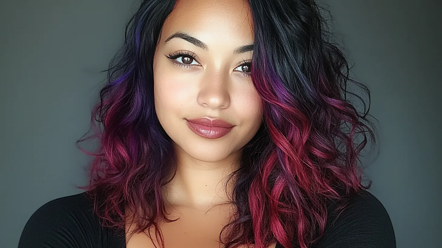 biracial woman with jet black hair and purpley red ombre at the bottom of her hair