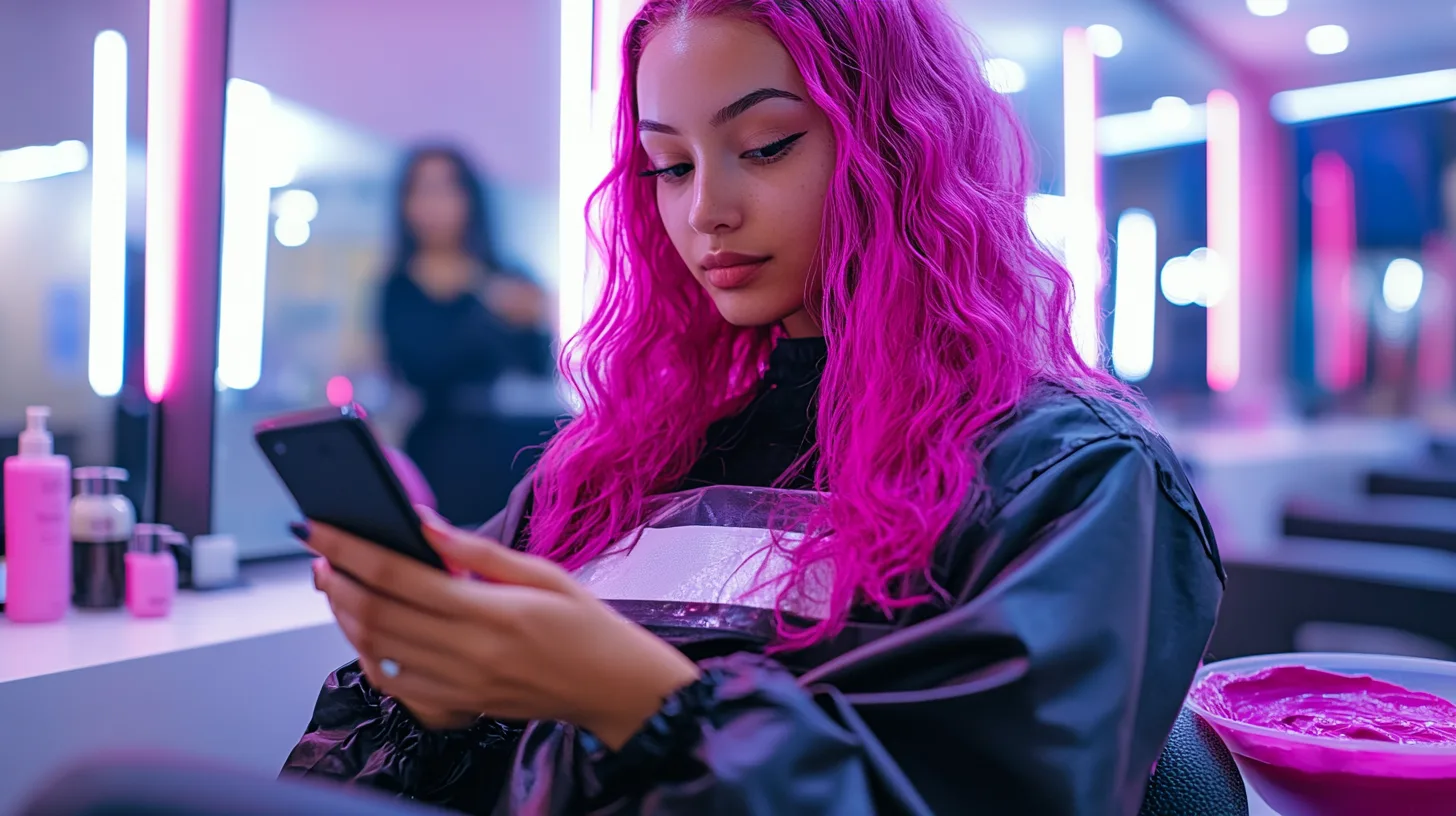 A young Gen-Z woman sitting in a stylish modern hair salon, getting her hair dyed a vibrant Magenta. She has trendy streetwear, and her phone is in hand as she scrolls through social media. The salon has a sleek, urban aesthetic with neon lights and large mirrors. Hair stylist applying Magenta dye with careful attention to detail, tools and dye bowls spread out on a clean countertop. The woman's hair halfway dyed, creating a bold and edgy look – high contrast lighting with a modern, fashionable vibe.