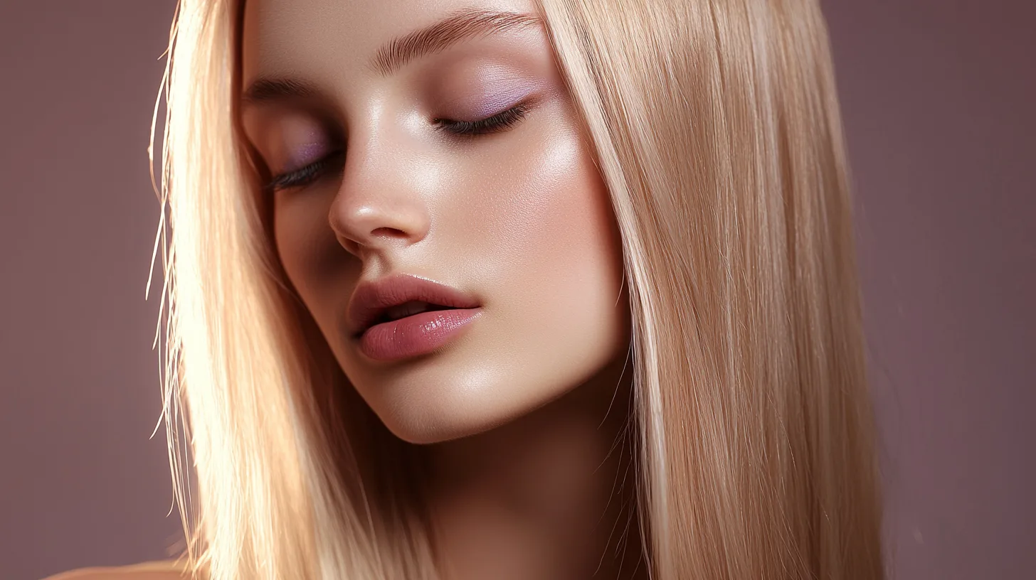 High-fashion blonde female model in a professional photo studio, close-up portrait. Long straight blonde hair, no makeup, smooth glass-like glossy skin with hyperrealistic texture. Iridescent purple shadows softly reflecting on her skin, like a pearlescent glow. Clean background, soft natural lighting, cinematic style, ultra high definition, Vogue editorial look. ultra-detailed, cinematic lighting, 4K, sharp focus, high fashion.