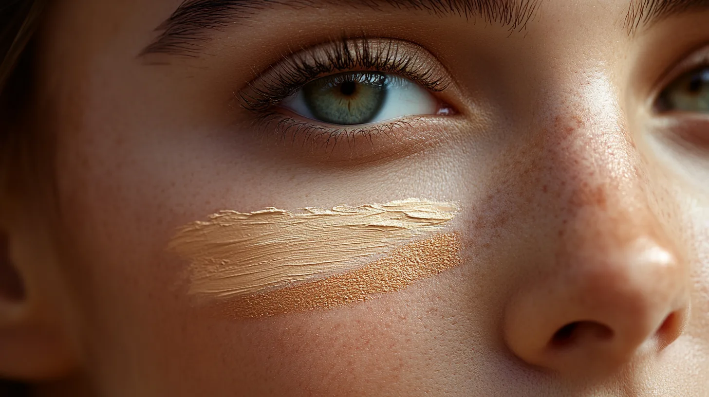 face of a young girl of 25 years old close-up, on the cheek there are three small strokes of foundation of different shades, the girl's face fits completely into the frame