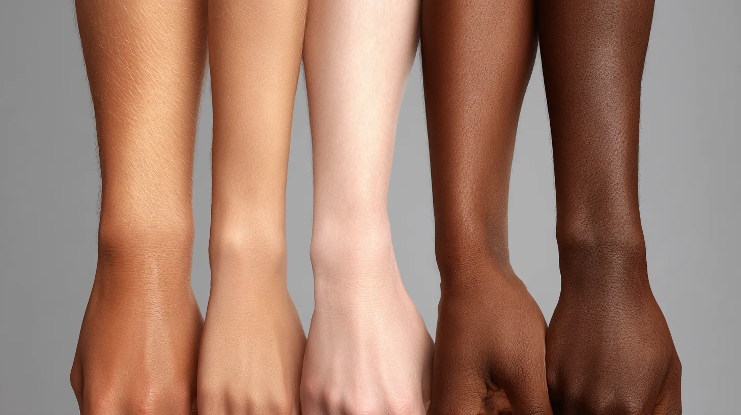 Create a hyperrealistic horizontal image featuring four distinct Indian female arms, each representing one of the following skin undertones: Warm, Cool, Neutral, and Olive. The arms should be positioned side by side in a clean, evenly spaced horizontal layout, with the inner forearm, palm, and fingers visible for each. Each arm should accurately show: Warm Undertone: Golden, yellow, or peachy skin with visible greenish veins. Cool Undertone: Pink, red, or bluish skin with bluish-purple veins. Neutral Undertone: Balanced skin tone (neither too yellow nor pink) with veins that are hard to distinguish. Olive Undertone: Subtle green-gray skin cast with green-gray veins, often mistaken for cool. Important requirements: Use hyperrealistic Indian female arms only no cartoon, stylized, or AI-blurred rendering. Display forearms, palms, and fingers clearly, resting naturally with veins subtly visible. No makeup, no foundation swatches, and no text should appear on the image. Use a clean, neutral background (such as white or light gray) to keep full focus on the skin and undertones. Maintain consistent, natural lighting across all four arms to accurately depict undertone differences. This is a professional skin tone reference image intended for a website banner. Keep the composition minimal, scientific, and comparative like a dermatological reference chart.