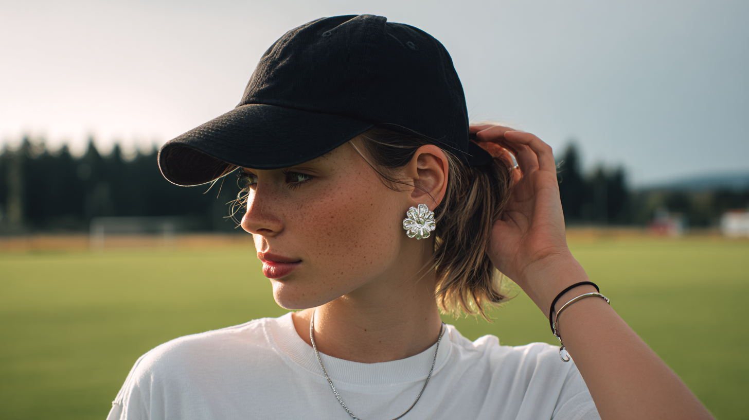 A photo of an european woman wearing a white t-shirt and black baseball cap, holding the cap with her right hand while putting on a large silver flower-shaped hair clip in front of her head, set against a grass field background. The image was captured using a Canon EOS R5 camera with natural lighting, in a wide, full-body shot.