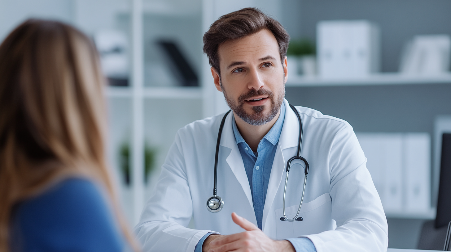 a high quality photo of a male doctor with a neutral facial expression (not smiling), sitting behind a desk, talking to a patient, wearing a white lab coat and a stethoscope around her neck, bright modern medical office interior, clean and professional atmosphere, realistic photo, sharp focus