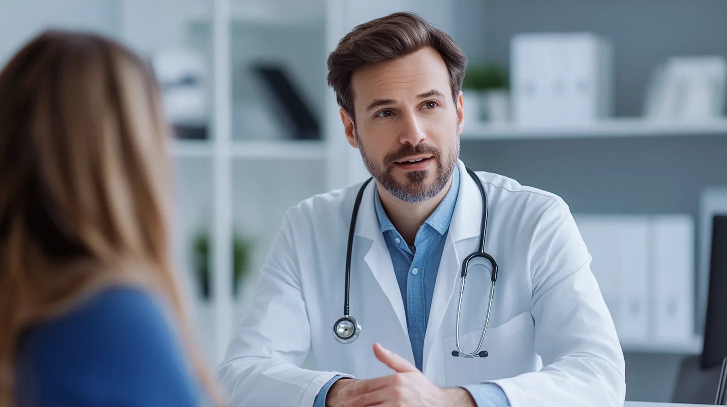 a high quality photo of a male doctor with a neutral facial expression (not smiling), sitting behind a desk, talking to a patient, wearing a white lab coat and a stethoscope around her neck, bright modern medical office interior, clean and professional atmosphere, realistic photo, sharp focus