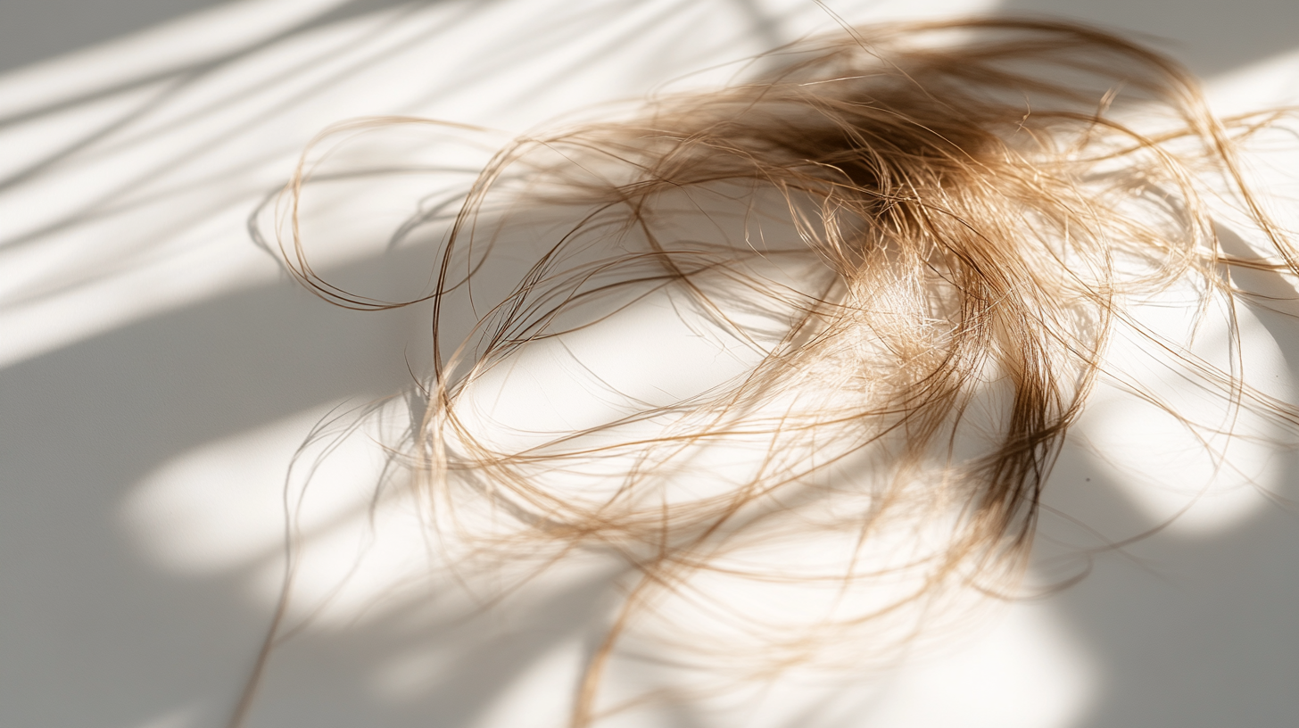 Overhead shot of strands of hair scattered on a minimalist tabletop, captured with a Sony Alpha 7R IV and standard lens. The scene is set in a neutral, clean environment with hard shadows and cool white lighting, emphasizing negative space, subtle tilt in composition, and a realistic, minimalist aesthetic.