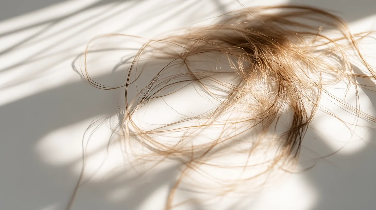 Overhead shot of strands of hair scattered on a minimalist tabletop, captured with a Sony Alpha 7R IV and standard lens. The scene is set in a neutral, clean environment with hard shadows and cool white lighting, emphasizing negative space, subtle tilt in composition, and a realistic, minimalist aesthetic.