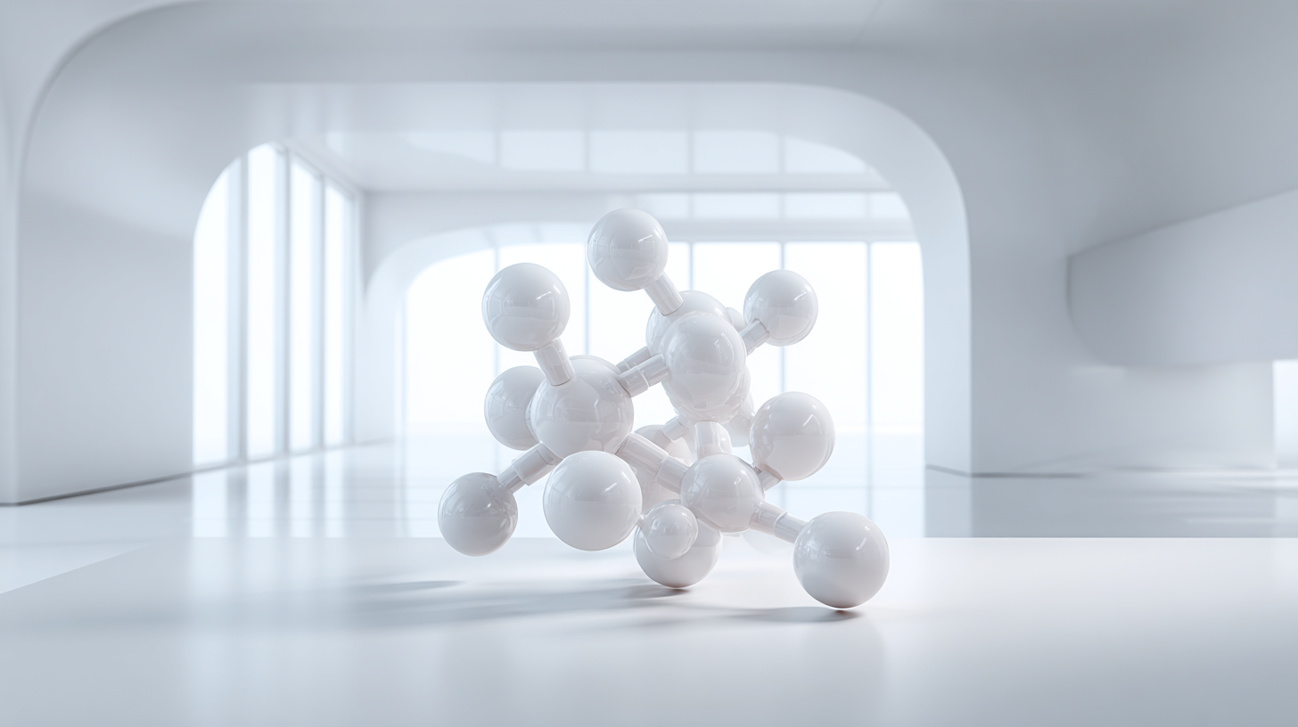 3D Visualization of an all white matte colored Riboflavin Molecular model sitting on a white table in an all white room completly in focus