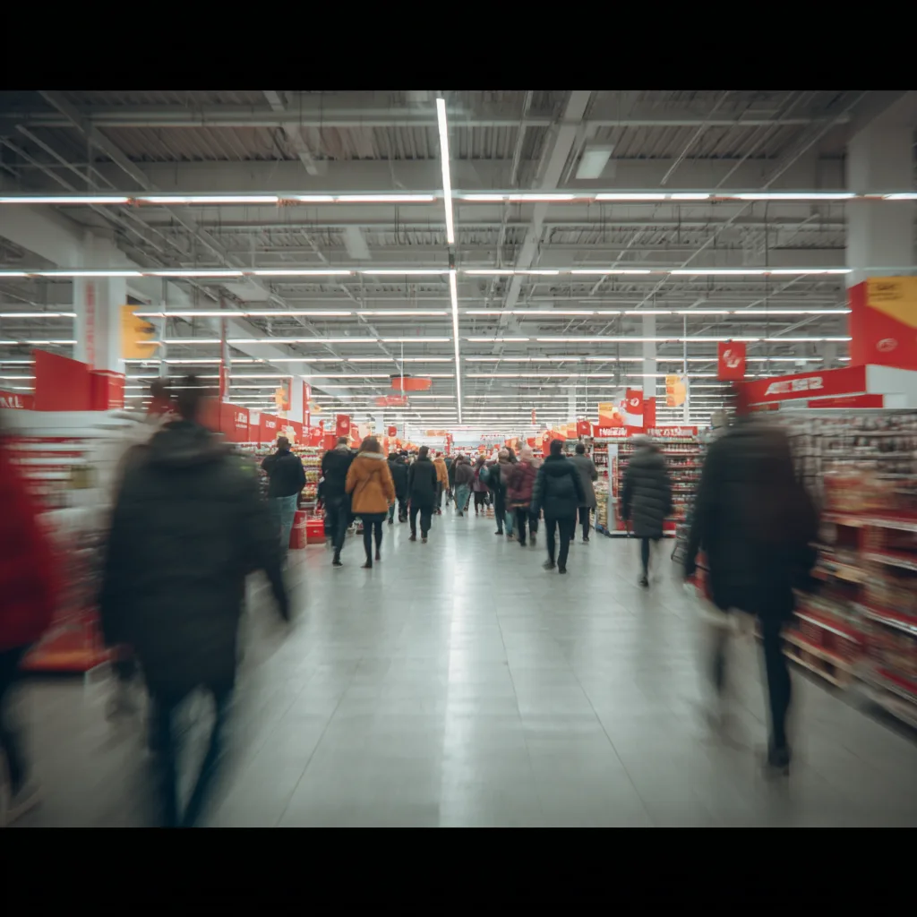 thousands of people walking fast inside a supernarket, motion blur, the supermarket is modern and clean and has a overall red branding, neutral lighting, documentary photography authentic style, color photography, kodak, iso 800, agfa 300
