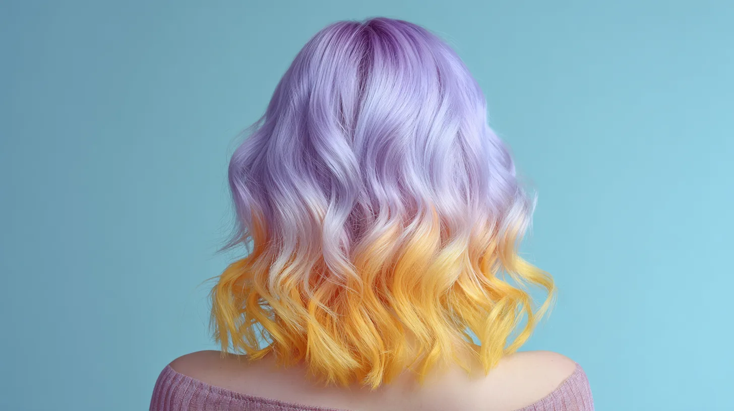 Photo of a woman with pastel purple and orange ombre hair, seen from behind on an isolated light blue background. The focus is sharp, and the colors are vivid, highlighting her vibrant hairstyle. She has shoulder-length wavy hair that transitions seamlessly between soft lavender at one side to bright lemon yellow near its ends. Her skin tone contrasts against the cool color palette, adding depth to the composition. This photo was taken by a professional photographer using advanced equipment for crisp details.