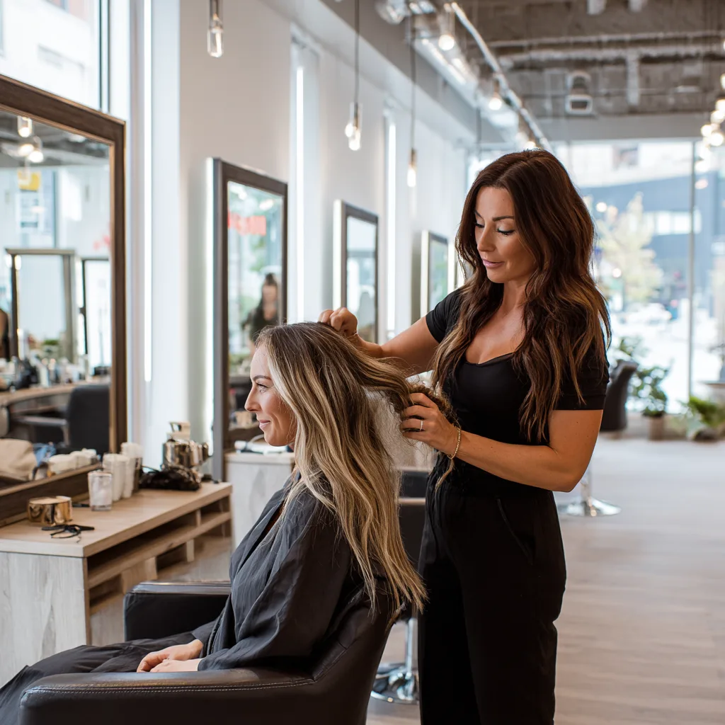 reate an image of a vibrant, modern hair salon interior, bustling with energy. The focal point is a stylist expertly working on a client's hair using luxurious, ethically sourced extensions. Bright, ambient lighting with large windows, highlights the salon's sleek decor and professional atmosphere. The scene exudes a sense of elegance, trust, and creativity, with subtle branding elements of Prolonged Hair visible, evoking feelings of empowerment and innovation in hair artistry.