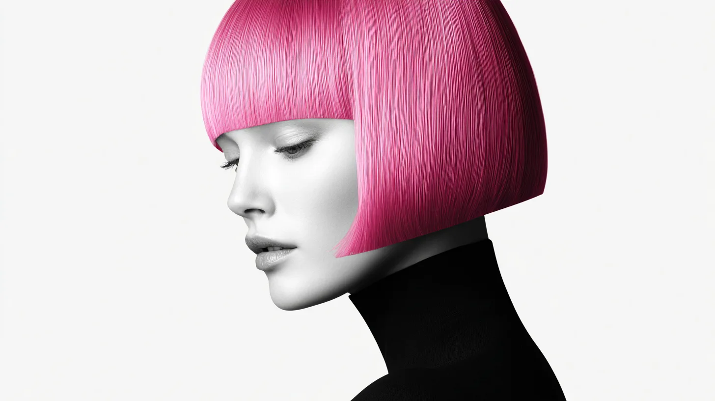 A high-fashion, black and white shot of a woman with a severe, geometric pink haircut, like a sharp, asymmetrical bob or a blunt micro-fringe. The image is very clean and graphic, with a stark white background. The focus is on the clean lines and the glossy texture of the hair. Minimalist, graphic, avant-garde black and white.