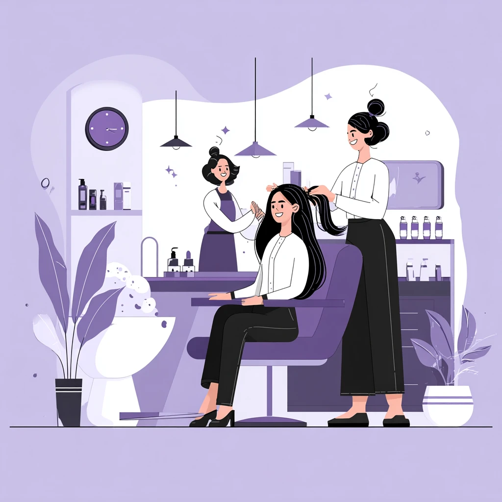Create an illustration of the salon's security system in action, vector graphic design, flat style illustration, adobe illustrator, color palette purple and white, In one scene, there is a woman sitting on chair getting her long hair cut by a female haidresser wearing white shirt and black pants. In background another hairdresser shampoos a happy client.