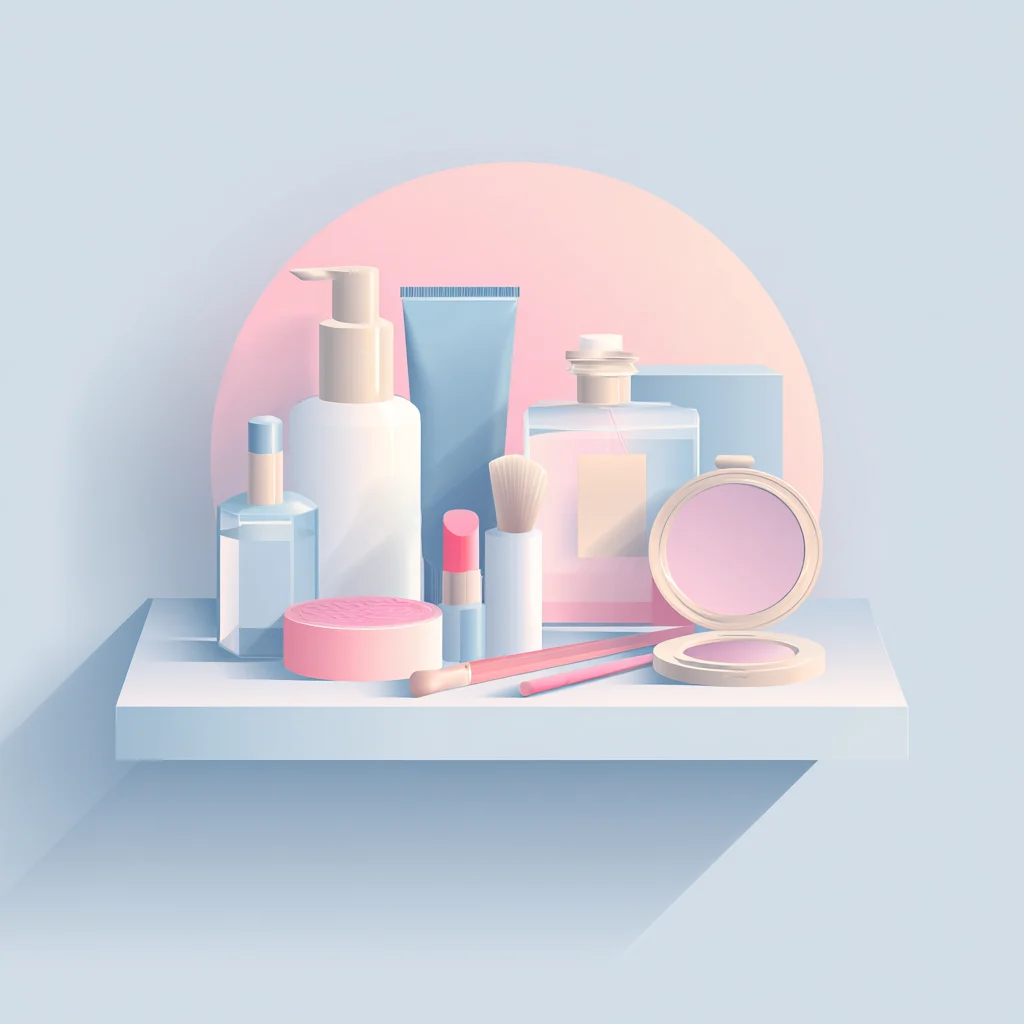flat 2D geometric illustration of a minimalist cosmetic desk layout includes skincare bottles, lipstick, compact mirror, blush, perfume bottle each item spaced evenly in a clean symmetrical composition soft gradient noise color palette in pastel blue and pink front view, not isometric, not top-down modern and minimal design, not cluttered clear shapes, slight rounded edges no detailed background, solid or soft blur only